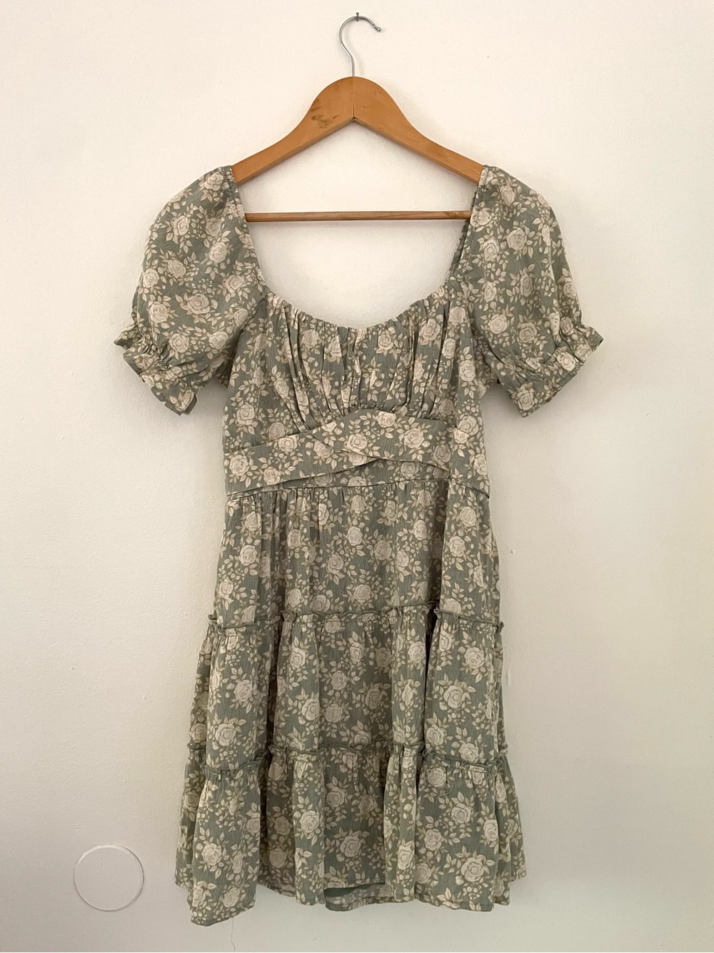 Trixxi Sage Green Floral Puff-Sleeve Tiered Mini Dress